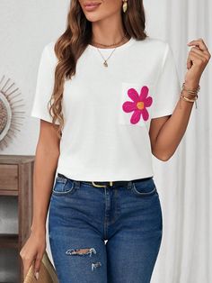 White  Collar Short Sleeve Knitted Fabric   Embellished Slight Stretch  Women Clothing Flower White, Women T Shirts, White Collar, White T Shirt, White Tshirt, White T, Women Clothing, Knitted Fabric, Casual Women