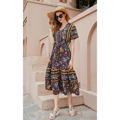 Vintage Floral Blue Plus Dress - SweatshirtsHoodies.com Summer Midi Dress With Elastic Waistband For Vacation, Casual Multicolor Maxi Dress With Elastic Waistband, Casual Short Sleeve Maxi Dress With Elastic Waistband, Casual Midi Dress With Elastic Waistband For Vacation, Casual V-neck Midi Dress With Elastic Waistband, Blue Maxi Dress With Elastic Waistband For Vacation, Multicolor Beach Dresses With Elastic Waistband, Casual Summer Maxi Dress With Elastic Waistband, Casual Summer Midi Dress With Elastic Waistband