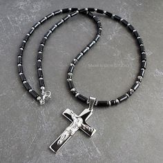 Unisex Cross Necklace | Stainless Steel Crucifix Cross Pendant & Black Onyx Beaded Necklace for Men, Women, 22, 26, 32in Crucifix Jewelry With Black Beads As Gift, Black Beaded Crucifix Jewelry, Silver Crucifix Jewelry With Black Beads, Black Crucifix Jewelry For Jewelry Making, Spiritual Onyx Cross Jewelry, Onyx Cross Jewelry Gift, Onyx Cross Jewelry As A Gift, Male Bracelets, Beaded Necklace For Men