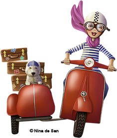 a woman riding on the back of a scooter with a dog in it