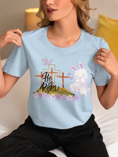 Christian T-shirt Religion Shirt for gift Bible Verse Tee Mom Cross Shirt Christmas Gift Wife Gift Catholic Gifts Spiritual Gift Faith Shirt This unisex ultra cotton tee is a classic. Quality cotton construction means that designs are sure to shine. The shoulders are tapped for a good upper-body fit. There are no side seams, ensuring a clean, unbroken flow. The collar has ribbed knitting for improved elasticity. The materials that went into this product are sustainably sourced and economically f Easter Graphic Print Crew Neck Top, Easter Letter Print Short Sleeve T-shirt, Easter T-shirt With Letter Print And Short Sleeves, Sublimation Print Short Sleeve Tops As A Gift, Gift Sublimation Print Short Sleeve Tops, Pre-shrunk Blue Tops For Gifts, Blue Short Sleeve Tops For Gift, Blue Graphic Tee As Gift, Bible Verse Tees