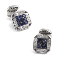 18K White Gold Square Cufflinks with Diamonds & Sapphires Image 1 Diamond Cufflinks Men, Mahadev Art, Luxury Cufflinks, Classy Man, Gold Chain Men, Diamond Cufflinks, Luxury Jewelry Store, Antique Cufflinks, Manly Things