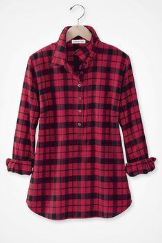 Our comfortable pullover is an easy choice, invitingly soft in brushed, lightweight double-faced flannel. Buttoned half-placket, shirttail hem. Linen Ankle Pants, Plaid Pullover, Plaid Tunic, Knit Denim, Embroidered Tunic, Casual Stripes, Tunic Styles, Cozy Sweatshirts, Coldwater Creek