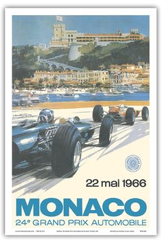 a poster advertising a grand prix automobile race in monaco, with an image of a racing car