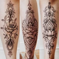 two legs with tattoos on them, one has a flower and the other is a lotus