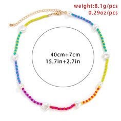 Description;Chic Colorful Seed Bead Star Heart Pearl Charm Choker NecklaceSpecification:Material: artificial pearl. glass seed bead. alloy metalColor: rainbowChain Length: 15.70 inch + 2.7 inch extWeight: 0.29 oz/pcFeatures and Details:This colorful seed bead pearl charm choker necklace is truly a gift for her to wear with a warm heart and joyful days. It is so sweet and graceful by itself which can be worn with other accessories.This gift for her handmade jewelry is suitable for all kinds of occasions :-)Any type of art can be kept alive only when it can breathe on its own!Happy Shopping :-) Rainbow Heart Beads For Jewelry Making, Multicolor Pearl Jewelry With Heart Beads, Rainbow Letter Beads Necklaces For Summer, Rainbow Letter Beads Necklace For Summer, Rainbow Colored Letter Beads Necklace For Summer, Heart-shaped Colorful Beads Summer Jewelry, Heart-shaped Colorful Beaded Summer Jewelry, Summer Rainbow Letter Beaded Necklaces, Summer Rainbow Letter Beads Necklaces