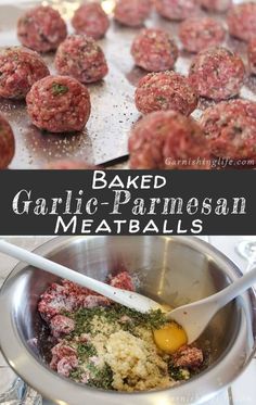 baked garlic parmesan meatballs are being cooked in a saucepan with a spatula