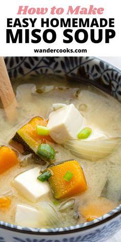 homemade miso soup with tofu and vegetables in a bowl