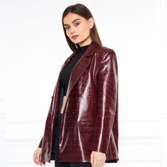 A burgundy, patterned leather jacket sounds like a standout piece! The rich, deep color adds a touch of sophistication, while the patterns can give it a unique and trendy edge. This combination makes it a versatile jacket that can elevate both casual and more dressed-up outfits. Whether you pair it with jeans and a t-shirt for a cool, everyday look or with a chic dress for a night out, it’s sure to make a statement. 30% Polyurethane 70% Polyester Burgundy Leather Jacket For Work, Luxury Burgundy Outerwear For Fall, Chic Burgundy Leather Jacket, Chic Burgundy Leather Jacket For Winter, Burgundy Outerwear For Business In Fall, Burgundy Business Outerwear For Fall, Fall Burgundy Business Blazer, Burgundy Leather Jacket, Versatile Jacket