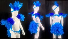 three different views of a mannequin with blue feathers