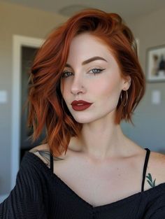 Black Hair Or Brown Hair, Asymmetrical Bob Red Hair, Long Bob Haircuts For Square Faces, Fall 2024 Short Hair Color, Red Color On Brown Hair, Bold Copper Hair, Dark To Copper Hair, Long Bob Asymmetrical, Bob Copper Hair