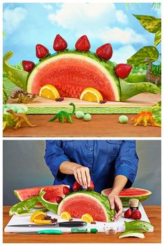 a person cutting up watermelon on top of a table with other fruits and vegetables