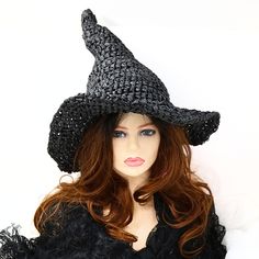 "Happy Summer-ween! You can certainly wear this black Raffia straw witch hat all year, but it is specifically designed with Spring and Summer in mind! I chose to make this from Raffia so it would be airy and lightweight, but still shapeable. Firm enough to stand on its own with that classic shape and an adjustable wide brim. Airy enough to get through the heat and folds flat for travel. You can add your own flowers, pins, or whatever through the holes in the hat or wear it as is. Some stretch so one size fits most. -Fits between 21\" to 23.5\" head circumference. -3.5\" brim -spot clean How to measure your head: - Using a fabric tape measure or a string, place it flat against your head, and measure around the area directly above your ears. - Keep your tape measure/string as level as possib Black Brimmed Hat For Costume, Black Witchy Hat For Halloween, Black Brimmed Halloween Hat, Black Brimmed Witchy Costume Hat, Black Brimmed Hat For Halloween, Witchy Black Brimmed Costume Hat, Black Witchy Brimmed Costume Hat, Black Short Brim Hat For Costume, Black Brimmed Witchy Hat