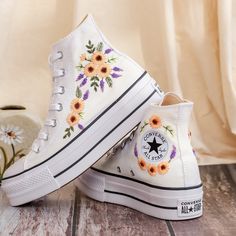 Platform Converse for Wedding, Bridal Sunflowers Embroidered Converse High Tops, Sunflowers Embroidery Sneakers for Bride, Wedding Gift for Couple, Sunflowers Embroidered Sneakers 💚 Immerse yourself in the intricate craftsmanship as we lovingly hand embroider rustic flowers onto your chosen Converse pair 💚 🌿 The listed price encompasses both the Converse Shoes and the showcased Embroidery Designs. 1. MANUFACTURING PROCEDURE 🌿 Upon receiving your order, we initiate the shoe preparation proces Embroidery Sneakers, Converse Embroidery, Embroidered Converse, Cute Converse, Converse Platform, Wedding Converse, Wedding Sneakers, Dr Shoes, Platform Converse