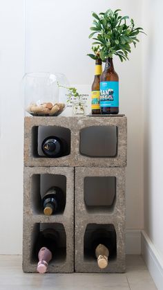 a cement block with bottles on it and a potted plant in the corner next to it