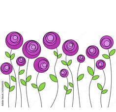 purple flowers with green leaves on a white background, hand drawn doodle style illustration