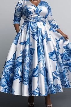 Xpluswear Design Plus Size Formal Blue Floral V Neck Long Sleeve Pleated Pocket Satin Maxi Dresses - Xpluswear Love Heart Gif, Heart Gif, Plus Size Formal, Design Dresses, Satin Maxi, African Design Dresses, Satin Maxi Dress, African Design, Maxi Dresses