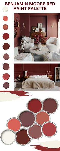 the color scheme for this living room is red, white and grey with lots of different shades