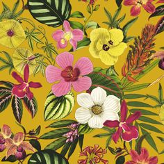 an image of flowers and leaves on a yellow background with red, pink, white, green