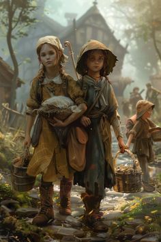 two children are walking in the woods carrying baskets