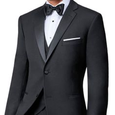 Classic Black 2 Button Notch Tuxedo. Slim Fit. Pants Are A 6 Inch Drop From Coat Size. Fitted Formal Tuxedo With Button Closure, Fitted Tuxedo With Button Closure For Formal Events, Fitted Tuxedo With Button Closure For Formal Occasions, Formal Black Pants With Button Closure, Classic Formal Tuxedo With Button Closure, Single Breasted Flat Front Tuxedo, Single-breasted Flat Front Tuxedo, Elegant Flat Front Single Button Pants, Classic Tuxedo With Notch Lapel And Button Closure