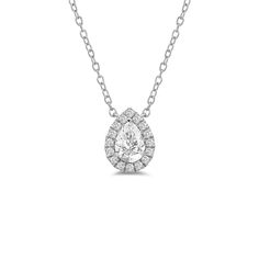 a white gold necklace with an oval shaped diamond surrounded by small round brilliant cut diamonds