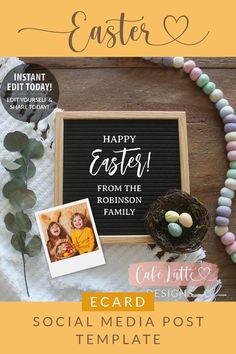 the social media post for easter is displayed on a table with an egg nest and two photos