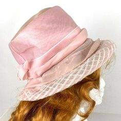 So sweet and delicate! A vintage 1950's church hat. Great condition considering age. A small spot on the top of the brim. Has a pink accent bow. Should fit most sizes. Slight stretch. About 8" across inside and 13" end to end. Please contact me with questions! Retro Pink Wide Brim Hat, Vintage Fitted Pink Hat, Fitted Vintage Pink Hat, Vintage Formal Hat For Spring, Retro Wide Brim Hats For Vintage Events, Vintage Pink Cloche Hat, Vintage Cloche Hat With Curved Brim For Vintage Fashion, Vintage Fashion Hats For Kentucky Derby With Short Brim, Vintage Hat With Curved Brim And Lining