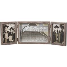 three wooden frames with graduation pictures on the front and back, each holding a diploma