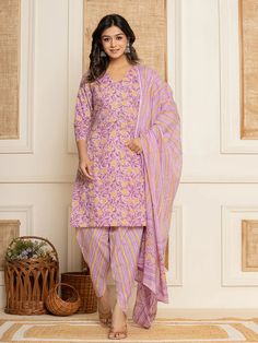 Purple & Yellow Cotton Floral Print Detailing Kurta Dhoti Set with Dupatta Purple Floral Print Sets For Eid, Cotton Printed Pink Salwar Kameez, Pink Cotton Salwar Kameez Printed, Pink Cotton Printed Salwar Kameez, Printed Cotton Traditional Wear For Diwali, Yellow Cotton Salwar Kameez With Floral Print, Traditional Lavender Sets For Diwali, Unstitched Traditional Lavender Kurta, Unstitched Lavender Traditional Kurta