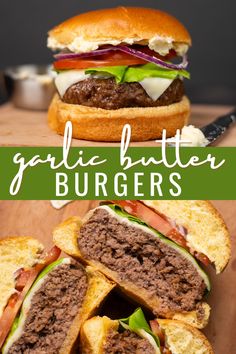 A plate with air fryer garlic butter burgers served with lettuce, tomato, and pickles, highlighting their juicy patties and golden-brown buns. Garlic Butter Burger, Best Burger Patty Recipe, Juicy Hamburger Recipe, Air Fryer Burgers, Homemade Burger Patties, Homemade Beef Burgers, Making Burger Patties, Burger Patty Recipe, Homemade Burger Recipe