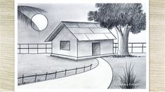 a pencil drawing of a house next to a tree