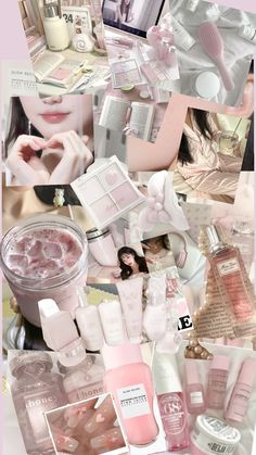 the collage shows many different types of cosmetics and perfume bottles in pink, white and grey