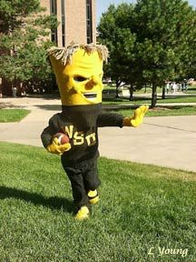 a person in a mascot costume running on the grass with a football and building in the background