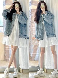 Denim Jacket Korean, Dress And Denim Jacket, Gno Outfit, Floral Dress Outfits, Jacket Korean, Girls Denim Jacket, Casual Frocks, Soft Girl Outfits