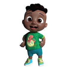 a little boy with big eyes wearing a green t - shirt and blue shorts, standing in front of a white background