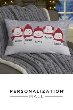 personalized snowman pillow on a couch