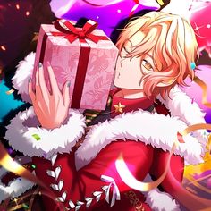 an anime character is holding a gift box