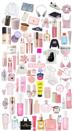 a collage of pink and white items