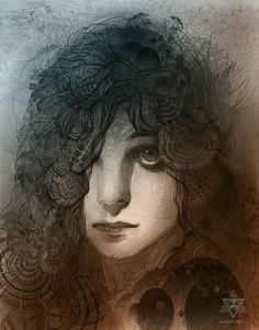 an artistic painting of a woman's face with long curly hair and eyes closed