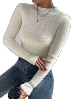 Mock Neck Long Sleeve, Women Sweaters, Drop Shoulder Sweaters, Fuzzy Sweater, Fitted Top, Womens Basic, Dress Hats, One Piece For Women, Solid Tops