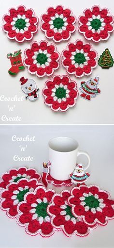 crocheted coasters with christmas decorations on them and coffee cup holder in the middle