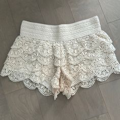 Nwot Crochet Shorts Adorable For Summer Size Xs Beige Summer Bottoms With Crochet Trim, Summer Beige Bottoms With Crochet Trim, Summer Lace Shorts For Vacation, Lace Summer Shorts For Vacation, Vacation Shorts With Crochet Trim, Summer Shorts With Crochet Trim, Beige Crochet Trim Bottoms For Beach, Beige Crochet Trim Beach Bottoms, Beige Crochet Trim Bottoms For Spring