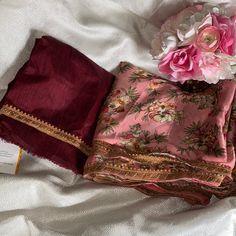 A Gorgeous, Two Piece Sari Red Wine Color With A Pink Floral Garment Can Be Sized To Any Size (To Be Sewed) Luxury Silk Blouse Piece With Gota Work, Black Net Saree, Meena Bazaar, Sequins Saree, Sequin Saree, Organza Silk Saree, Golden Red, Indian Silk Sarees, Green Saree