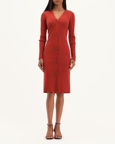 Women's Long Sleeve Button Front Midi Dress | Magaschoni | JANE + MERCER Burnt Sienna, Everyday Luxury, Ribbed Midi Dress, Everyday Luxuries, Long Sleeve Midi, Exclusive Collection, Midi Length, Effortless Style, Women Long Sleeve