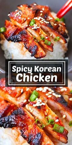 spicy korean chicken on rice in a bowl with chopsticks