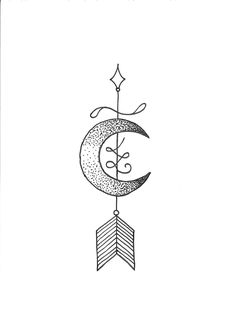 a drawing of a crescent and an arrow with the word love written on it in black ink