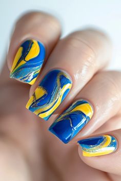 40+ Blue Nails Ideas to Make Your Outfits Pop This Spring & Summer - Flo's Blog Navy Yellow Nails, Blue And Yellow Nail Art, Blue And Yellow Nails Designs, Blue And Yellow Nail Designs, Yellow Blue Nails, Blue Yellow Nails, Yellow And Blue Nails, Blue And Yellow Nails, Navy Nails Design