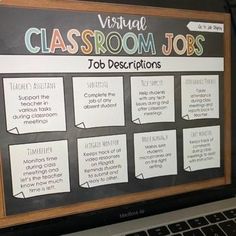 a classroom job description board sitting on top of a laptop computer