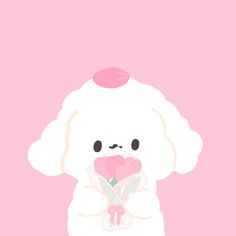 a white dog holding a pink rose in it's mouth on a pink background